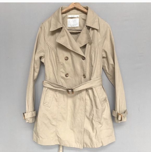 Old Navy Maternity Medium  Short Trench Cotton Jacket Tan Long Sleeve Belted - Picture 1 of 7